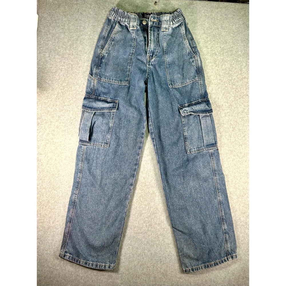 Simple Society Cargo Jeans Womens 1/25 Blue Denim Medium Wash Elastic Waistband